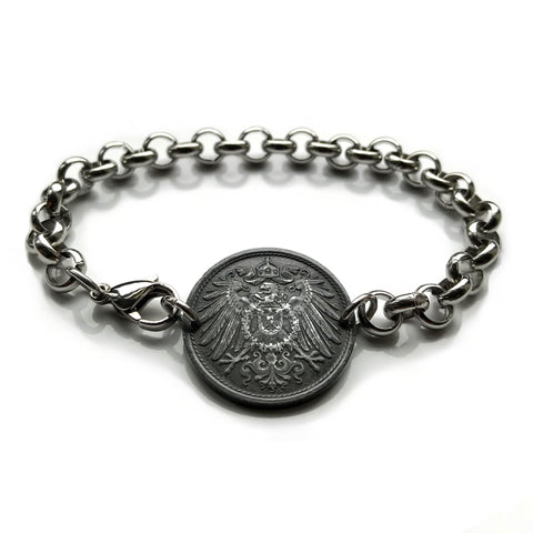 1920 Germany Deutschland 10 Pfennig coin bracelet black German eagle Berlin Hamburg Munich Cologne Frankfurt Stuttgart Düsseldorf Leipzig Dortmund Essen Bremen Dresden Hanover Nuremberg b000038