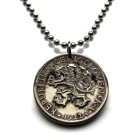 1922 Czechoslovakia 1 Koruna coin pendant Czech lion Slovak shield double cross Prague Bratislava Bohemia Moravia Charles Bridge Czech Silesia Praha Karlovy Vary Bojnice Cesky Krumlov Brno Plzen Kutna Hora n000180