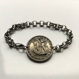 1977 Portugal 5 Escudos coin bracelet Portuguese caravela ship Quinas Lisboa Oporto Sintra Braga Guimarães Coimbra Funchal Beja Aveiro Azores Algarve Praia da Marinha Madeira Évora Faro Ourique Fatima Loures Setúbal Almada Vila Nova de Gaia b000111