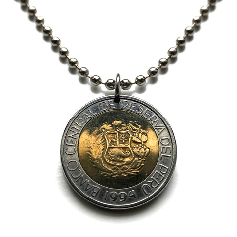 1994 Peru 2 Soles coin pendant necklace jewelry escudo Peruano Lima Cuzco Machu Picchu Inca Chiclayo Huancayo Iquitos Chimbote Ica Puno Cajamarca Pucallpa Piura Ayacucho Chincha Huánuco Tarapoto Callao Ate n003568