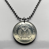 1990 Dominican Republic 25 Centavos coin pendant necklace jewelry escudo Dominicano Santo Domingo Santiago Cibao La Vega Ciudad Colonial San Pedro de Macorís La Romana Higüey Moca escudo bandera colgante n000668