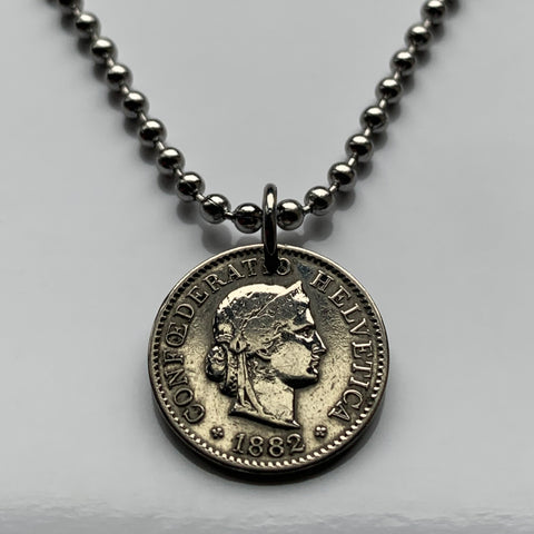 1882 or 1885 Switzerland Helvetia 5 Rappen coin pendant necklace jewelry Swiss Zurich Libertas Suisse Lugano Biel/Bienne Thun Ticino Uri Alpine Jura Alphorn n003116