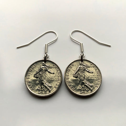 France 1/2 Franc coin earrings jewelry La Semeuse the Sower & Seed Paris Marianne Marseilles Lyon Toulouse Mont Saint-Michel Versailles Nantes Bordeaux Strasbourg Rennes Reims Le Havre Toulon e000080