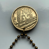 1995 Spain España 100 Pesetas Spanish coin pendant rey Juan Carlos I FAO Madrid Barcelona Sevilla Málaga Cadiz Bilbao Coruña Granada Córdoba Valencia Zaragoza Toledo Tenerife Murcia Asturias Cataluña Catalan Vigo Gijón Ibiza Oviedo Hispania Iberia n003640