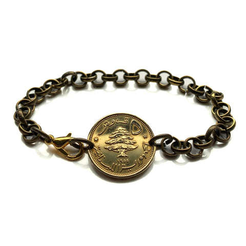 Lebanon Liban 5 Piastres coin rolo link chain bracelet jewelry Lebanese cedar tree lion Beirut Tripoli Zahlé Sidon Aley Tyre Nabatieh Ra's Bayrut The Levant Jounieh Batroun Baalbek Beqaa Valley Middle East Shami Levantine Arabic b000119