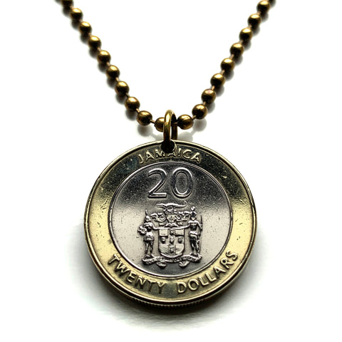 2001 Jamaica 20 Dollars coin pendant alligator crocodile pineapple Kingston May Pen Montego Bay Ocho Ríos Portmore Spanish Town Mandeville Jamrock Jamdung Patois dub ska Caribbean Patwah reggae Rastafari Marcus Garvey Greater Antilles British n001548