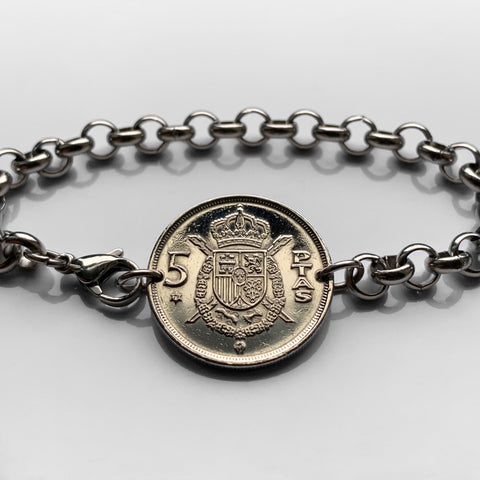 1975 Spain España 5 Pesetas coin bracelet escudo Español Madrid Barcelona Córdoba Valencia Málaga Sevilla Granada Toledo Bilbao Cadiz Castile Leon Aragon Navarre Andalusia Cataluña Las Palmas Ibiza Oviedo Cadiz Zaragoza Salamanca Coruña Las Palmas b000128