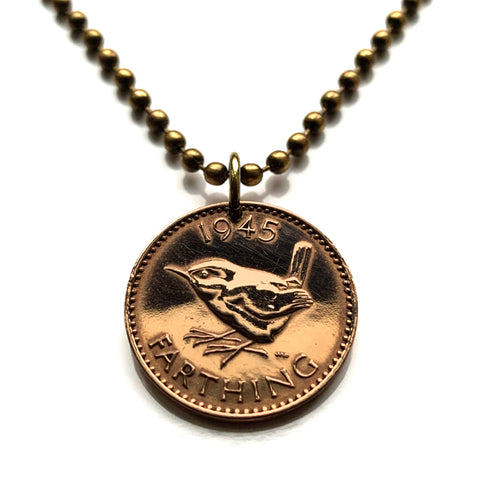 1945 United Kingdom Great Britain 1 Farthing coin pendant wren Jenny bird London Manchester Edinburgh Glasgow Cardiff Belfast Sheffield Leeds Bristol York Bath British English Welsh Scots Irish  WWII n000049