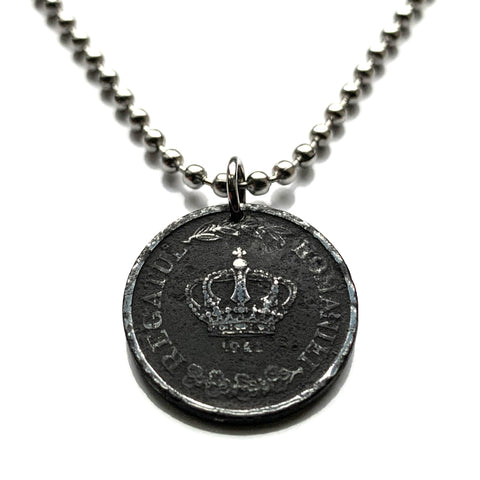 1941 Romania 2 Lei coin pendant necklace World War 2 era Romanian crown Bucharest Cluj-Napoca Iasi Constanta Wallachia Moldavia Timisoara Transylvania Bran Vlad Dracula Castle Sibiu Brasov Peles Castle Roman Dacia Michael the Brave Vlachs n001140