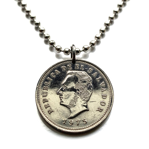 1975 El Salvador 5 Centavos Münze Anhänger Halskette Francisco Morazan Santa Ana Soyapango San Miguel Santa Tecla Mejicanos Apopa Ahuachapán Ilopango Colón Tonacatepeque Opico Zacatecoluca La Libertad Maya Tazumal Sonsonate Usulután Joya de Cerén n001694