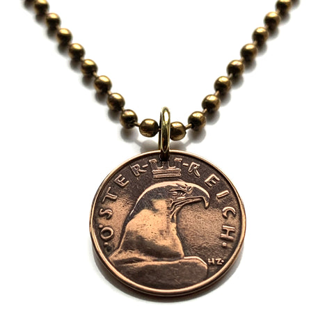 1935 Austria Osterreich 1 Groschen coin pendant necklace jewelry Austrian eagle Vienna Salzburg Innsbruck Graz Linz Tyrol Villach Carinthia Sankt Pölten Wels Sölden Ischgl Gmunden Vorarlberg Hallstatt Styria n001294