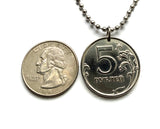 2015 Russia 5 Rubles coin pendant necklace Russian double headed eagle Moscow Saint Petersburg Novosibirsk Yekaterinburg Nizhny Novgorod Kazan Sochi Ivanovo Volga Petergof Pyatigorsk Astrakhan Samara Chelyabinsk Peter the Great Kremlin n001593