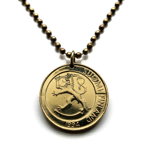 1994 Finland Suomi 1 Markka coin pendant jewelry Finnish lion Helsinki Espoo Tampere Porvoo Finns Nordic Vantaa Oulu Turku Lahti Jyvaskyla Savonlinna Finnic Scandinavia Sami Vantaa Rovaniemi Uusimaa Pirkanmaa Mikkeli Lappeenranta Ostrobothnia n000697