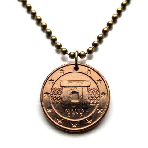 2013 Malta 2 Euro Cent coin pendant necklace Maltese Mnajdra L-Imnajdra megalithic temples Ħaġar Qim World Heritage Site Qrendi Valletta Safi Mdina archeological Tarxien Ta' Ħaġrat Skorba Temples Mġarr St Paul's Bay Qormi Żabbar Żebbuġ Rabat n002716