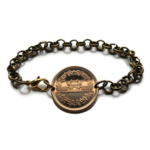 Japan Nippon Nihon 10 Yen coin bracelet Japanese jewelry Phoenix Hall Amida hall Byōdō-in Buddhist temple Uji Kyoto Amitābha buddha statue hōō fushichō phoenix Lake Biwa Jōdo-shū Tendai-shū sect Buddha Kansai Osaka Okinawa Yokohama Kawasaki Kobe b000132