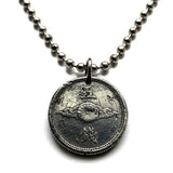 1942 Japan Nippon Nihon 5 Sen coin pendant necklace jewelry World War 2 era Japanese Golden kite bird Phoenix Hō-ō Fenghuang fushichō Chrysanthemum Tokyo Kobe Yokohama Osaka Sendai Sapporo Kyoto Fukuoka Kawasaki Nagoya Shibuya Saitama n002181