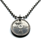 1942 Japan Nippon Nihon 5 Sen coin pendant necklace jewelry World War 2 era Japanese Golden kite bird Phoenix Hō-ō Fenghuang fushichō Chrysanthemum Tokyo Kobe Yokohama Osaka Sendai Sapporo Kyoto Fukuoka Kawasaki Nagoya Shibuya Saitama n002181