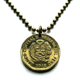 1996 Peru 10 Centimos coin pendant necklace escudo Peruano Lima Arequipa Trujillo Chiclayo Piura Huancayo Machu Picchu Cusco Incas Nazca Ica Chimbote Iquitos Tacna Tarata Puno Juliaca Cajamarca Chincha Huánuco Pucallpa Sullana Callao llama alpaca n001057