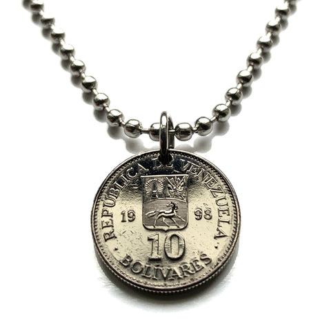 1998 Venezuela 10 Bolivares coin pendant necklace jewelry Simón Bolívar white horse Palomo Caracas Maracaibo Valencia pendant Barquisimeto Ciudad Guayana Maturín Barcelona Maracay Cumaná Barinas Miranda San Cristóbal n003707