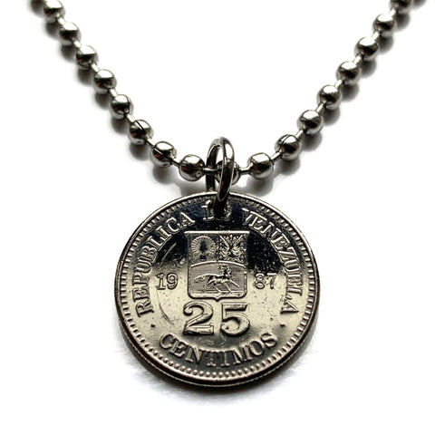 1987 Venezuela 25 Céntimos coin pendant necklace jewelry Simón Bolívar white horse Palomo Caracas Maracaibo Valencia pendant Barquisimeto Ciudad Guayana Maturín Barcelona Maracay Cumaná Barinas Miranda San Cristóbal n002535