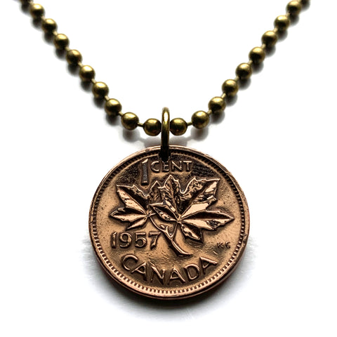 1957 Canada 1 Cent coin pendant necklace jewelry Canadian maple leaves twig Queen Elizabeth II Ottawa Montreal Quebec Toronto Ontario Vancouver Calgary British Columbia Alberta Nova Scotia New Brunswick Manitoba Nunavut Victoria beaver n003714