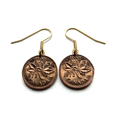 1972 Canada 1 Cent coin hook earrings jewelry Canadian maple leaves twig Queen Elizabeth II Ottawa Montreal Quebec Toronto Ontario Vancouver Calgary British Columbia Alberta Nova Scotia New Brunswick Manitoba Nunavut Victoria beaver e000574