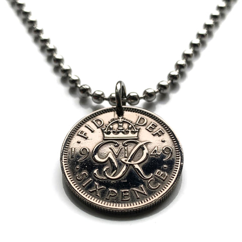 1949 United Kingdom 6 Pence coin pendant necklace fashion jewelry initial G R King George VI British London England Scotland Wales Ireland Belfast Edinburgh Birmingham Cardiff Sheffield Liverpool Glasgow Newcastle n002135