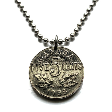 1933 Canada 5 Cents coin pendant necklace fashion jewelry Canadian maple leaves British King George V Ottawa Montreal Quebec Toronto Ontario Vancouver Calgary British Columbia Alberta Nova Scotia New Brunswick Manitoba Nunavut Victoria beaver n000370