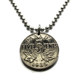 1933 Canada 5 Cents coin pendant necklace fashion jewelry Canadian maple leaves British King George V Ottawa Montreal Quebec Toronto Ontario Vancouver Calgary British Columbia Alberta Nova Scotia New Brunswick Manitoba Nunavut Victoria beaver n000370
