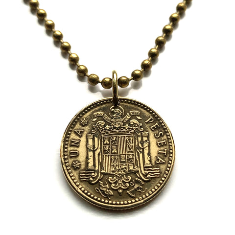 1966 Spain España 1 Peseta coin pendant necklace jewelry escudo Español Madrid Barcelona Sevilla Granada Zaragoza Toledo Cadiz Tenerife Córdoba Valencia Málaga Bilbao Coruña Andalusia Cuenca Cataluña Las Palmas Tarifa Vigo Gijón n000636