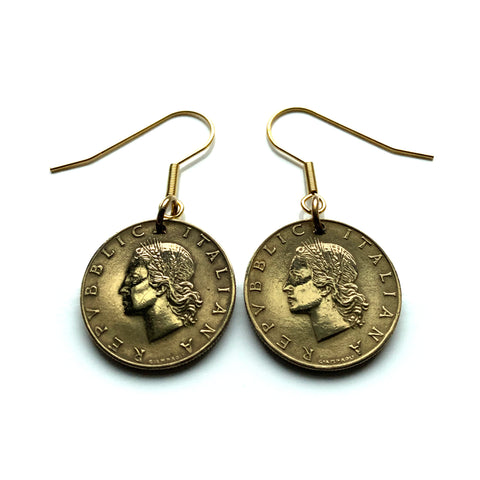 1958 Italy 20 Lire Italian coin earrings lady Minerva Roma Milano Florence Torino Venice Palermo Perugia Cagliari Pisa Tuscany Bologna Matera Siena Modena Capri Lecce Bari Ancona Parma Amalfi e000036