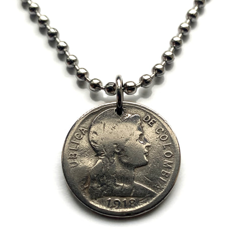 1918 Colombia 2 Centavos coin pendant Libertad Gorro frigio Phrygian cap Bogotá Medellín Cali Barranquilla Cartagena Cúcuta Soacha Soledad Bucaramanga Bello Ibagué Manizales Montería Valle del Cauca Antioquia Pereira Caldas Armenia Muisca Quimbaya n003729