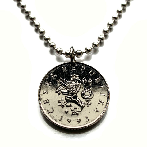 1993 Czech Republic 1 Koruna coin pendant necklace jewelry Czech lion Prague Brno Bohemia Moravia Silesia Ostrava Plzeň Liberec Charles Bridge Olomouc Ústí nad Labem Kutná Hora Český Krumlov Budějovice n001295