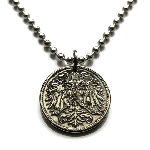 1915 Austria Osterreich 10 Heller coin pendant World War I era Austrian double headed eagle Habsburg Vienna Salzburg Linz Innsbruck Graz Wels Sankt Polten Solden Vorarlberg Zell am See Gmunden Ischgl Tyrol Villach Carinthia Styria Klagenfurt n000973