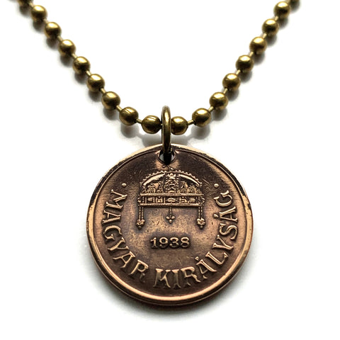1938 Hungary Magyars 2 Filler coin pendant Saint Stephen Holy Crown Szent Korona Budapest Debrecen Miskolc Szeged Pecs Gyor Csango Pannonian Komarom Esztergom Erzsebetvaros Magyarorszag Eger Szekesfehervar Nograd Nyiregyhaza Kecskemet Andrassy n001569