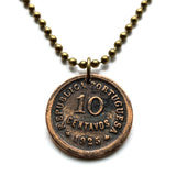 1925 Portugal 10 Centavos coin pendant Portuguese lady Lisboa Oporto Sintra Braga Guimarães Coimbra Funchal Beja Aveiro Azores Algarve Praia da Marinha Madeira Évora Faro Ourique Fatima Loures Setúbal Almada Vila Nova de Gaia Mirandese Quinas n000002