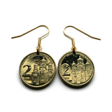 Serbia Srbija Srpski 2 Dinara coin earrings Serbian cross double-headed eagle crown Gračanica monastery Belgrade Novi Sad Niš Kragujevac Subotica Pančevo Novi Pazar Čačak Kruševac Zrenjanin Kraljevo Yugoslavia Nemanjić dynasty Golubac Palilula e000592