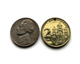 Serbia Srbija Srpski 2 Dinara coin earrings Serbian cross double-headed eagle crown Gračanica monastery Belgrade Novi Sad Niš Kragujevac Subotica Pančevo Novi Pazar Čačak Kruševac Zrenjanin Kraljevo Yugoslavia Nemanjić dynasty Golubac Palilula e000592