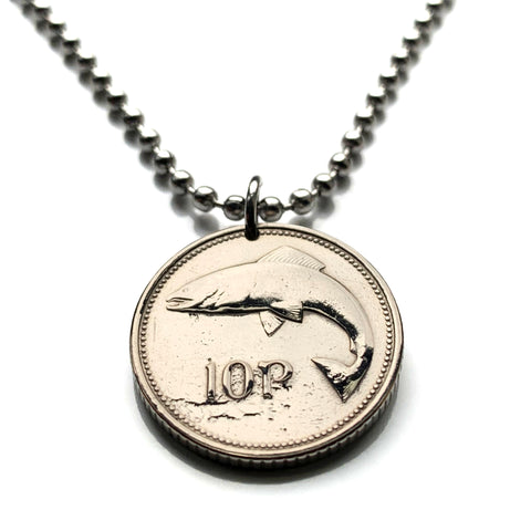 1993 Ireland Éire 10 Pence coin pendant necklace jewelry  salmon fish Irish Celtic harp Cláirseach Dublin Cork Limerick Galway Waterford Drogheda Swords Dundalk Munster Guinness Ulster Connacht Leinster Gaelic Gaels Goidels Hibernia shamrock n000238