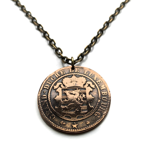 antique! 1863 Luxembourg Letzeburg 10 Centimes coin pendant necklace jewelry Luxembourgish LION crown Esch-sur-Alzette Differdange Dudelange Wormeldange Grund quarter Diekirch Schengen Pétange Rumelange Redange Bourscheid n001524