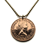 1965 United Kingdom Great Britain 1 Penny coin pendant Queen Elizabeth Britannia England Scotland Wales Northern Ireland London Edinburgh Cardiff Glasgow Belfast Manchester Leeds Liverpool Birmingham Bristol Sheffield Nottingham Norwich Newcastle n003524