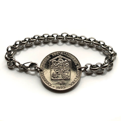 1975 Czechoslovakia 2 Koruny coin bracelet socialist Czech lion Slovakia Charles Bridge Prague Bratislava Brno Moravia Bohemia Ostrava Plzen Liberec Olomouc Ceske Budejovice Hradec Kralove Cesky Krumlov Kutna Hora Czech Silesia Pardubice Labem b000142