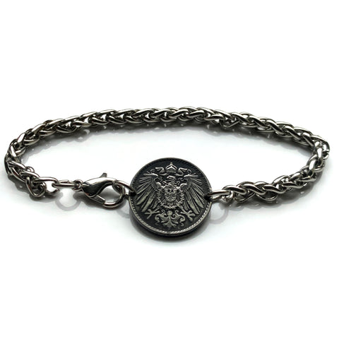 1917 Germany Deutschland 5 Pfennig coin bracelet World War 1 German eagle Berlin Hamburg Munich Cologne Frankfurt Stuttgart Dusseldorf Dortmund Bavaria Leipzig Bremen Dresden Hanover Nuremberg Rothenburg Heidelberg Hesse Essen Bonn Brandenburg b000060