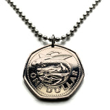 1994 Barbados 1 Dollar coin pendant Barbadian flying fish Bridgetown dolphin fish pelican caribbean Trident of Poseidon Sandy Lane Beach Bajan Creole Caribbees West Indies Crop Over festival Crane Beach Grand Kadooment Day Bimshire Saint Michael n002115