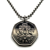 1994 Barbados 1 Dollar coin pendant Barbadian flying fish Bridgetown dolphin fish pelican caribbean Trident of Poseidon Sandy Lane Beach Bajan Creole Caribbees West Indies Crop Over festival Crane Beach Grand Kadooment Day Bimshire Saint Michael n002115