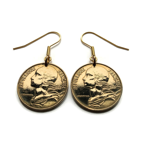 1963 France 20 Centimes coin hook earrings dangle and drop French jewelry Marianne Paris Marseille Lyon Toulouse Bordeaux Lille Nice Rennes Reims Nantes Le Havre Toulon Dijon Strasbourg Seine Saint-Etienne Normandy e000639