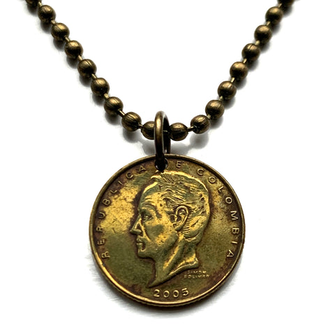 2005 Colombia 20 Pesos coin pendant necklace Colombian jewelry Simon Bolivar Bogota Medellin Cali Barranquilla Cartagena Pereira Santander Antioquia Valle del Cauca Cúcuta Caldas Bucaramanga cumbia parcero paisa n003134