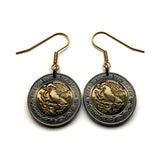 Mexico 2 Pesos coin earrings Mexican golden eagle snake Aztec calendar stone Piedra del Sol Veracruz Chiapas Pachuca Morelia Durango e000482