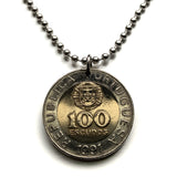 1991 Portugal 100 Escudos coin pendant Portuguese Quinas castles Lisbon Porto Sintra Braga Coimbra Évora Faro Santa Maria de Belém Aveiro Ourique Mirandese Castilian Vila Nova de Gaia Ponta Delgada Guimarães Lagos Fatima Algarve Praia da Marinha n002293