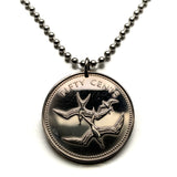 1974 Belize British Honduras 50 Cents coin pendant Three frigatebirds in flight seabird Belmopan Benque Viejo del Carmen San Ignacio Orange Walk San Pedro Corozal Central America Hondo River n003889